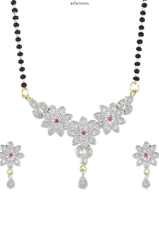 Gold Plated Floral Design AD Stones Short Single Layered 18 Inches Mangalsutra With Earrings For Women