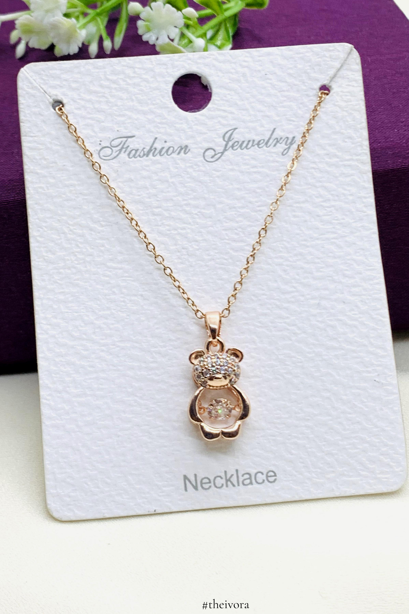 Stone-Studded Teddy Bear Pendant with Chain